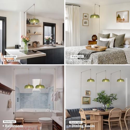 Shenmoyl Plug in Pendant Light Hanging Light Fixtures with Plugin Cord On/Off Switch,Green Scindapsus Glass Lampshade Brass Pendant Light - Image 2