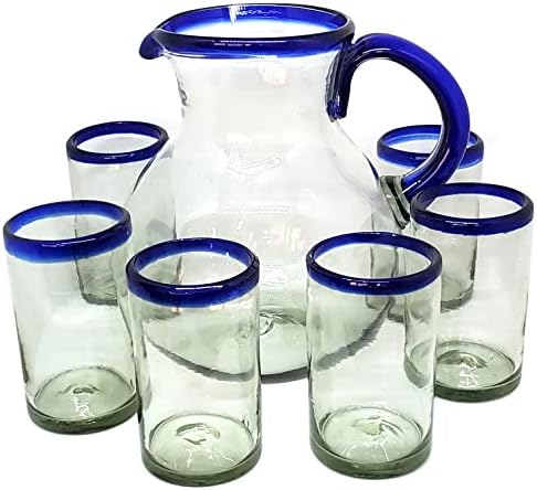 Cobalt Blue Rim 120 oz Pitcher and 6 Drinking Glasses set, Recycled Glass, Lead-free, Toxin-Free (Pitcher & Glasses) by MexHandcraft