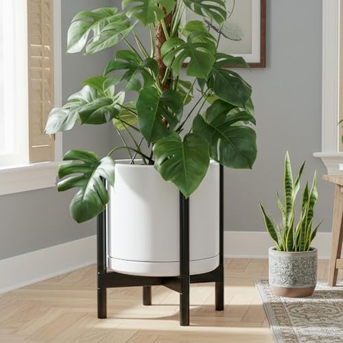 D'vine Dev Ceramic Pot with Ebony Wood Stand, White, 14 in, 55-B-S-1 - Image 2