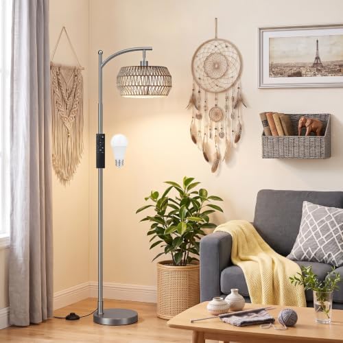 Ambimall Arc Floor Lamp with Remote & Rattan Double Shades, Gray Bohemian by Ambimall