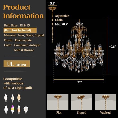 Antique Gold Bronze Crystal Chandeliers Candle Style Hanging Light - Image 4
