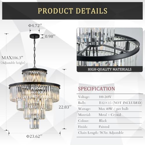 CATINER 24" Modern Crystal Chandeliers,15-Light Black Round Light Fixture - Image 2