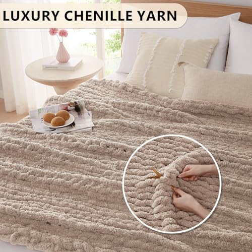 L'AGRATY Chunky Knit Throw Blanket for Couch, 50 x 60 Inches, Light Taupe - Image 3