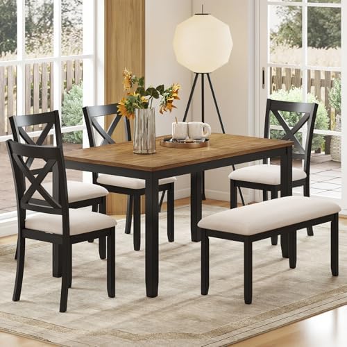 Zevemomo 6-Piece Solid Wood Dining Table Set, Farmhouse Wooden Legs, Black by Zevemomo