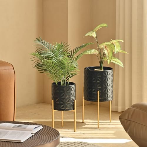 Modern Planter Pots, Set of 2 Black Planters with Stand, Decorative Planters, Metal Pots with Drainage Holes for Living Room, Office, Garden - Image 2