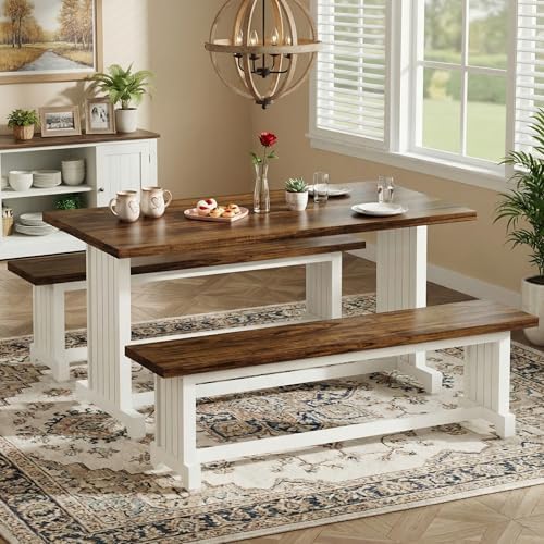 Tribesigns 47" Dining Table Set for 4, 3-Piece Kitchen Room Table with 2 Benches, Farmhouse Wood Dinner Furniture for Small Space, Home Living Room, White & Rustic Brown - Image 2