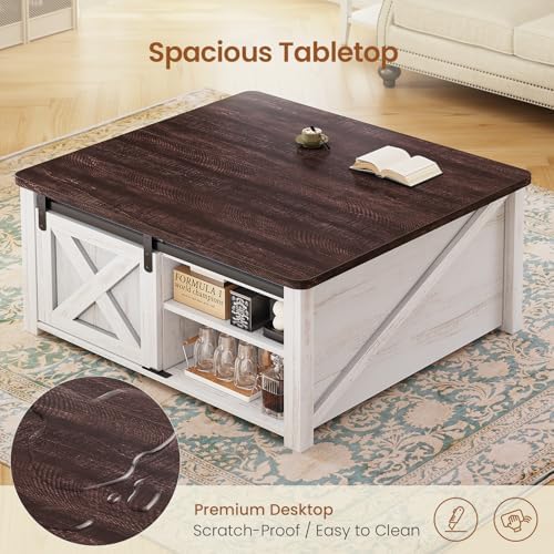 SEDETA 31.5" Lift Top Coffee Table with Storage, Square Coffee Tables for Living Room, Farmhouse Coffee Table with Large Hidden Storage Compartment and Adjustable Shelves, Vintage White - Image 5