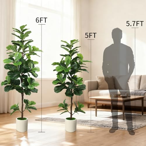 6FT Artificial Fiddle Leaf Fig Tree with White Planter & Fake Moss, Realistic Faux Ficus Lyrata Floor Plant for Indoor Home Office Decor, Housewarming Gift - Image 6
