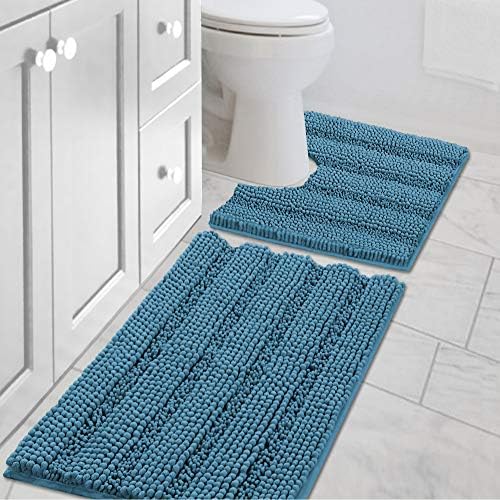 H.VERSAILTEX Bathroom Rugs Bath Rug Set 2 Piece Bathroom Contour Rug Toilet Mat Sets Non Slip Contour Bath Rug Ultra Thick Water Absorbent Striped Bath Mats(20" x 32" Plus 20" x 20" U, Turquoise Blue) by HVERSAILTEX