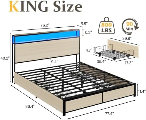 Lifezone King Bed Frame with 2-Tier Storage Headboard, Metal Platform Bed Frame with 4 Storage Drawers, Built in Charging Station & LED, Noise-Free/Metal Support/No Box Spring Needed, Beige - Image 2