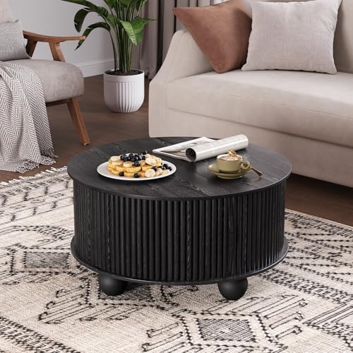 JOINICE 31.5" Round Coffee Table with Storage,Unique Bun Feet,Black - Image 5