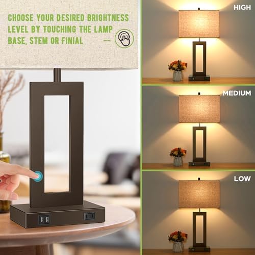 TOBUSA 22" Brown Modern Table Lamp Set of 2 with 2 USB Ports&AC Outlet - Image 6