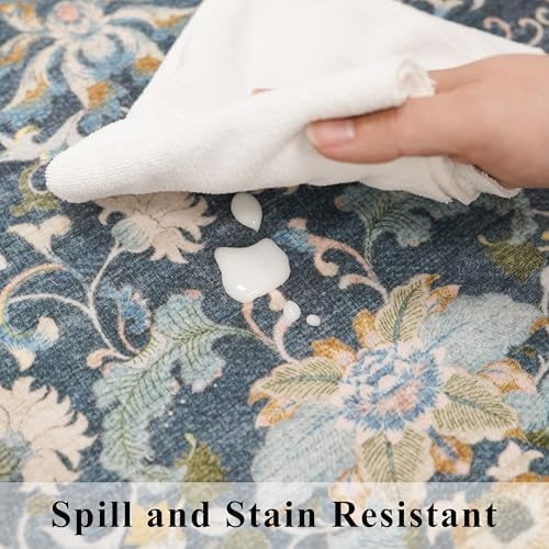 2x5 Decorative Vintage Hallway Runner: Washable Oriental Pet-Friendly Soft Carpet for Bathroom Bedroom Non-Slip Laudry Floor Mat - Low Pile Non-Shedding Rug for Apartments & Homes(2x5,Floral/Blue) - Image 5