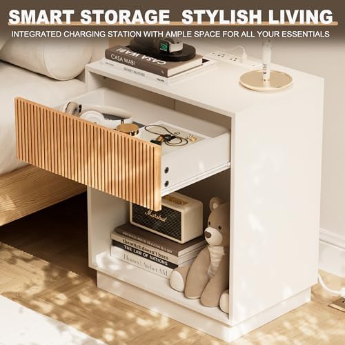 Fluted Nightstands Set of 2, Night Stand with Charging Station, Modern Bed Side Table with Drawer and Storage Shelf, Wood Mid Century End Table for Bedroom Living Room (White&Oak) - Image 6