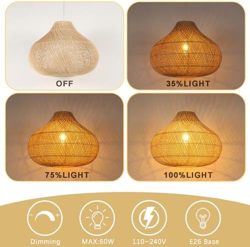 Large Rattan Pendant Light, 19.7" Rattan Boho Wicker Chandelier Hand-Woven Basket Pendant Light Fixtures for Dining Room Kitchen Island Living Room - Image 4
