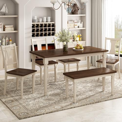 6 Piece Solid Wood Dining Table Set with Bench for 6, Brown+Cottage White - Image 3