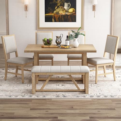 VilroCaz 6-Piece Vintage Dining Table Set, Acacia Wood Rectangular Dining Table with Designed Trestle Base and 4 Upholstered Chairs&1 Bench, Retro Kitchen Dining Room Table Set of 6 (Natural-Desig) by VilroCaz