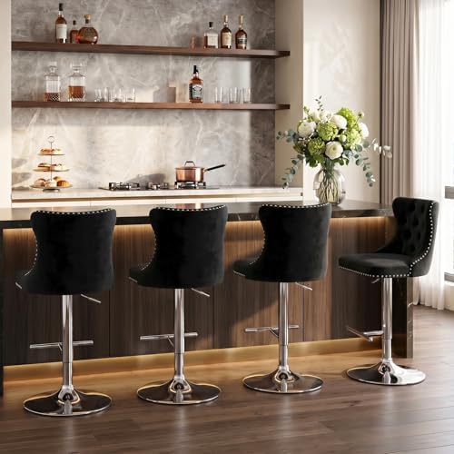 SoarFlash Velvet Bar Stool Set of 4, Adjustable Swivel Bar Stools with Silver Plated Metal Leg, Button Tufted, Footrest, Chrome Nailhead, Counter Height Chair for Kitchen, Bar, Dining Room (Black) - Image 3