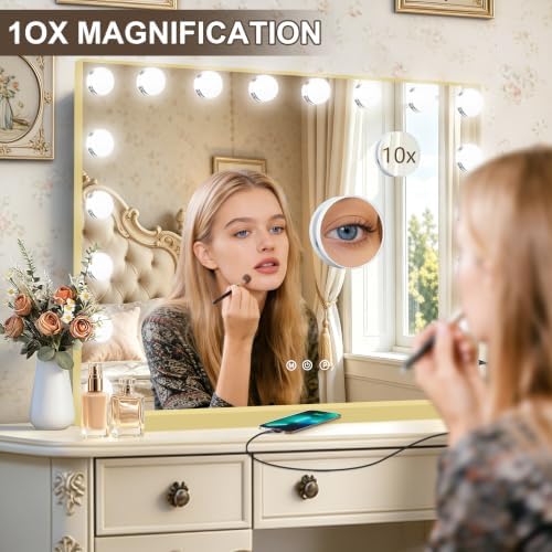 Ratsamee Gold Hollywood Vanity Mirror with Lights, 18 Dimmable Bulbs, 3 Color Lights,Make Up Lighted Mirror, Aluminum Metal Frame, USB Charging Port（32" x 24"） - Image 6