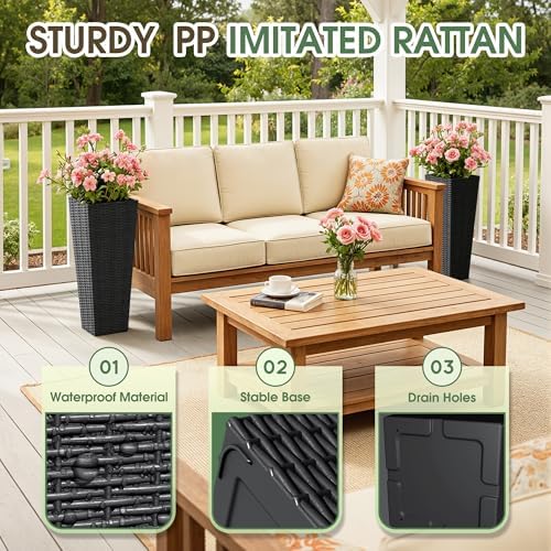 Greesum 23 Inch Tall Plastic Planters with Rattan Texture – Set of 2, Black - Image 2