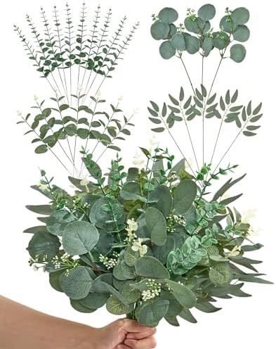 Alecono 25pcs Mixed Eucalyptus Leaves Stems Bulk, 4 Kinds Artificial Greenery Stems Faux Sliver Dollar Fake Greenery for Centerpieces Wedding DIY Bouquets Floral Arrangement Party Decor by AleconoBetterYourLife
