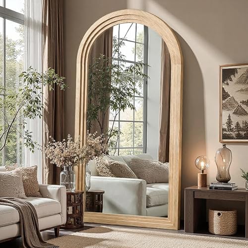 Delma Arched Full Length Mirror with Stand, 75x35 Natural Wood Floor Mirror - Image 7