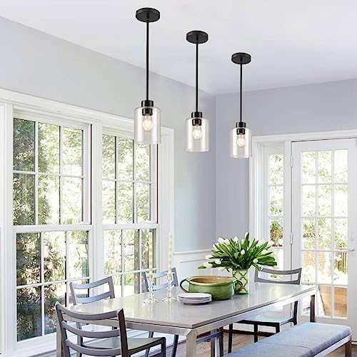 Black Pendant Lights Kitchen Island - Seeded Glass Pendant Light Fixture Multiple Stems Rods (3 Pack with Rod seeded Glass) - Image 3