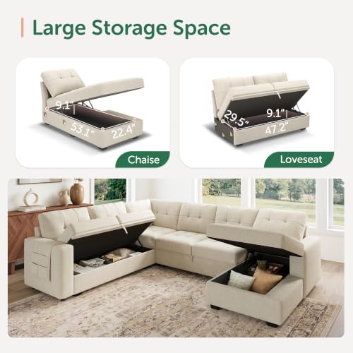 HONBAY Modular Sectional Sleeper Sofa with Pull Out Bed, U Shaped Sleeper Couches with Storage Chaise, 114'' Sleeper Sectional Sofas for Living Room, Apartment (Beige) - Image 3