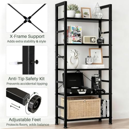 5 Tier Bookshelf, Free Standing Black Bookcase with Open Storage Shelves - Image 5