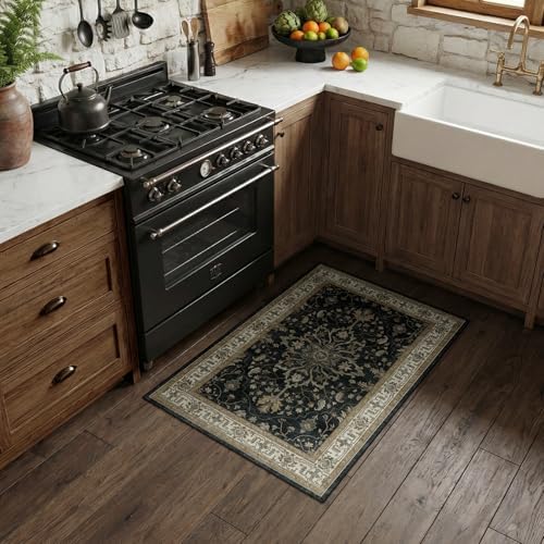 RELEANY Washable Area Rug, 3'x4', Black/Vintage/Beige by RELEANY
