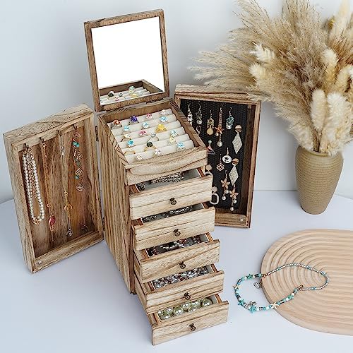 Meangood Jewelry Box Wood for Women, 6-Layer Large Organizer Box with Mirror & 5 Drawers for Rings, Earrings, Necklaces, Vintage Style, Torched Wood - Image 2