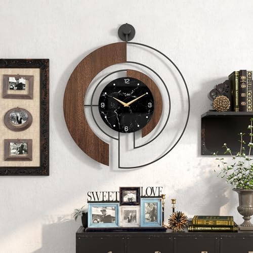 Modern Walnut Marble Dial Wall Clock, Large Wood Metal Frame Silent Non Ticking Wall Clocks for Living Room, Bedroom Decoration, Contemporary Home Wall Decor Gift Idea, 22 in - Image 6
