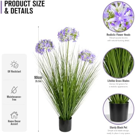 Ttranewsoo Tall Artificial Grass Plant with Purple Flowers, 35.4 Inch Faux Potted Greenery, UV Resistant Floor Plant for Indoor and Sheltered Outdoor Decor, 1 Pack - Image 3