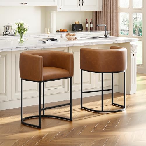 26" H Counter Height Bar Stools Set of 2, Modern Barrel Counter Stools with Backrest and Arms, Faux Leather Upholstered Accent Barstools for Kitchen Island,Support 450 LBS (Walnut Brown) by VATROS
