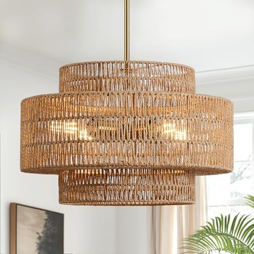 17.7" Rattan Chandelier for Dining Room, Large Boho Pendant Light by InterMaka