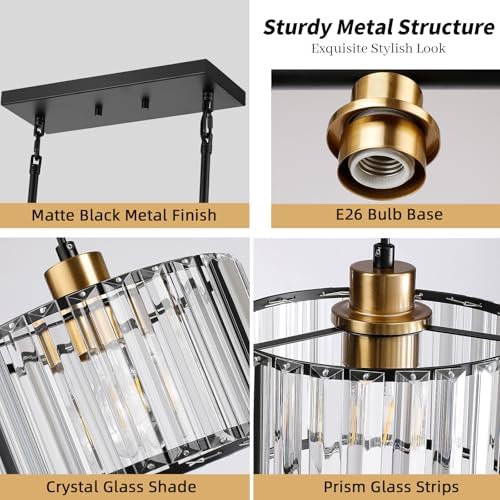 TALOYA Pendant Lights Kitchen Island Black and Gold, 3-Light Crystal Pendant Light Modern, Height Adjustable Chandelier Hanging Island Light Fixtures for Kitchen Dinning Room(Bulb Not Included) - Image 2