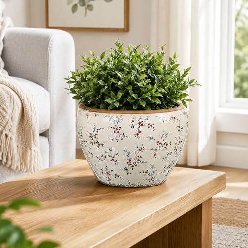 Geetery 10" Large Country Ceramic Pots Beige Vintage Floral Planters Decorative Plant Pot Wide Mouth with Drainage Hole for Indoor Outdoor Orchid Houseplant Home Office Shelf Table Decor Gift - Image 6