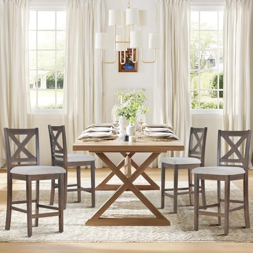 COLAMY Upholstered Counter Height Bar Stools Set of 4, Modern Kitchen Island Barstools Chairs with Cross Back and Wood Legs for Dining Room Bar, Light Brown Wash - Image 3