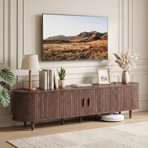 MXV 90" TV Stand with Sliding Doors for Living Room, Mid Century Modern Entertainment Center, TV Console with Fluted Door Cabinets and Power Outlet, Walnut by Unknown