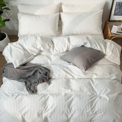 MooMee Striped Duvet Cover Set 100% Washed Cotton Linen Like - Image 5