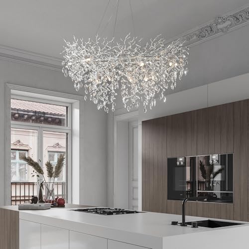 YUYI 47" Silver Tree Branch Chandelier, 14-Light Modern Crystal Chandelier, Round Chandeliers for Dining Room, Living Room, Foyer, Entryway, Kitchen, Bedroom, Luxury K9 Crystal Raindrop Fixture - Image 3
