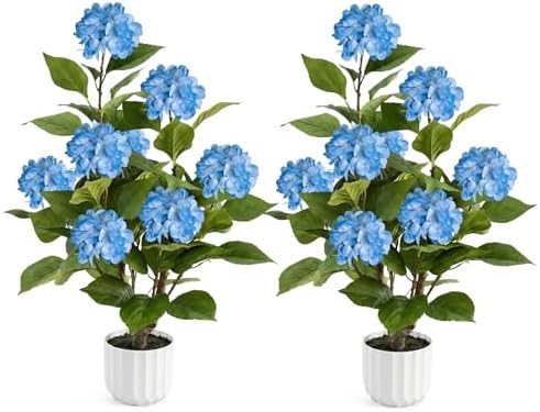 3FT Artificial Hydrangea Tree 2 Pack, Realistic Faux Hydrangea Plants in Pot with Blue Flowers, Lifelike Faux Greenery Home Indoor Outdoor Front Porch Garden or Wedding, Blue by Datietiao