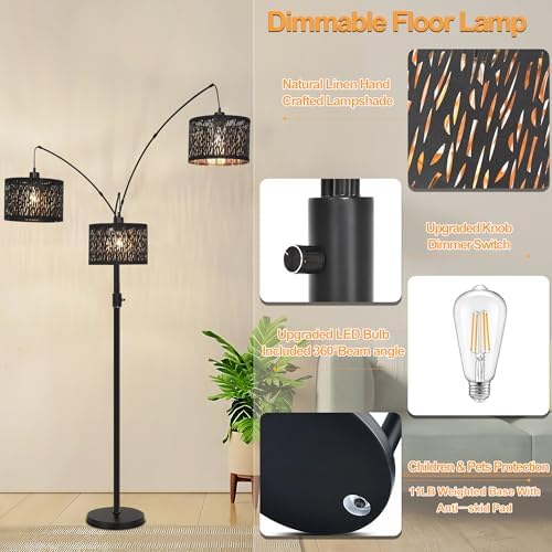 Dimmable Floor Lamp-3 Lights Arc Floor Lamps for Living Room,Modern Tall Standing Lamp With Black Drum Hollow-carved Design Shades,Gothic Mid Century Tree Floor Lamp for Bedroom Corner,Bulbs Included - Image 4