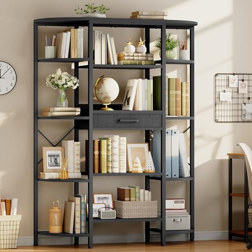 HOOBRO Triple Column 5 Tier Book Shelf, Industrial Bookcase with 12 Open Display Shelves and Fabric Drawer, Wide Bookshelf for Home Office, Living Room, Easy Assembly, Black BB161SJ01 by HOOBRO