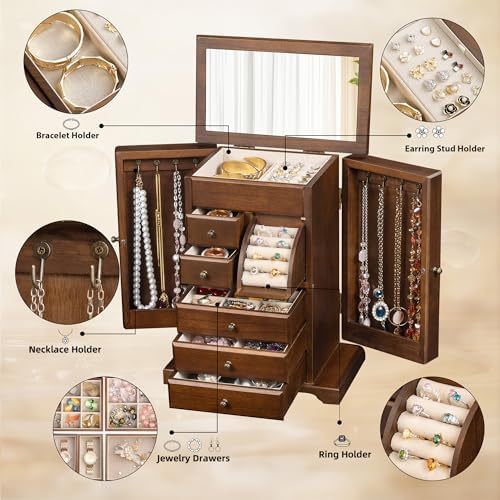 Jewelry Box for Women, Rustic Wooden Jewelry Boxes & Organizers with Mirror & Drawers,6 Layer Jewelry Organizer Box for Rings Earrings Necklaces Bracelets ((Walnut) - Image 3