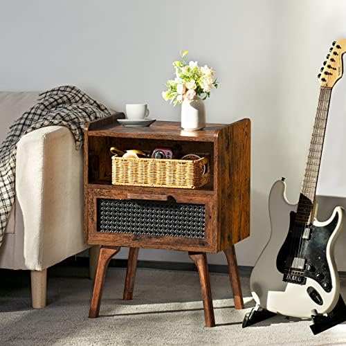 Lerliuo Rattan Nightstand, Boho Side Table with Drawer Open Shelf - Image 2