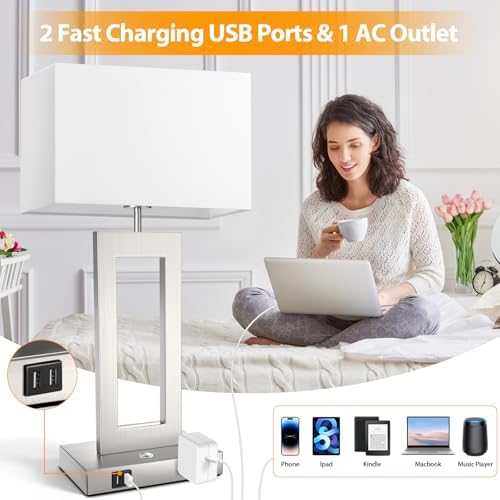 Table Lamps for Bedrooms Set of 2, 27.2’’ Tall Modern Silver Lamps for Living Room Nightstand, Touch Control Bedside Lamps with 2 USB Ports&AC Outlet, Stepless Dimming, 3 Color Temp. Bulbs Covered - Image 6