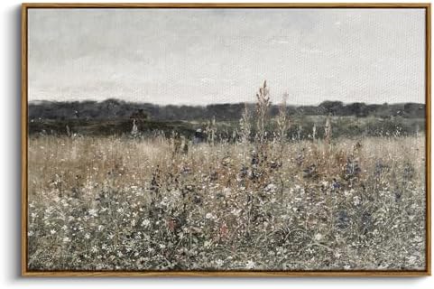 InSimSea Framed Canvas Wall Art Vintage Decor, Landscape Wall Art, Meadow with Flowers Art, Modern Farmhouse Decor, Cottagecore Bedroom Bathroom Office Decorations, 24"x36" by InSimSeaArt