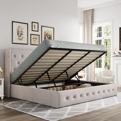 Allewie King Size Lift Up Storage Button-Tufted Bed Frame Light Beige by Allewie