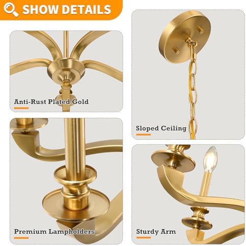 Gold Chandeliers for Dining Room, 25.5 Inch Vintage Gold Chandelier Light Fixture over Table, Farmhouse Candle Chandeliers, 5-Light Brass Chandeliers for Kitchen, Bedroom, Living Room (E12 Base) - Image 3